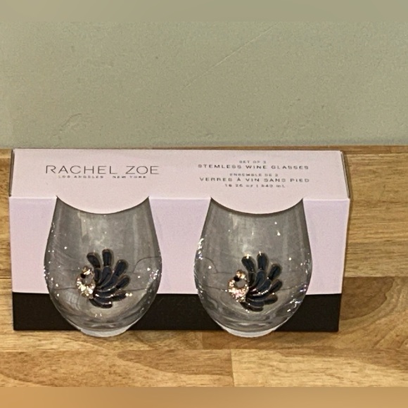 Rachel Zoe Rhinestone Peacock Stemless Wine Glasses. Set of 2. Brand New In Box - Picture 3 of 5